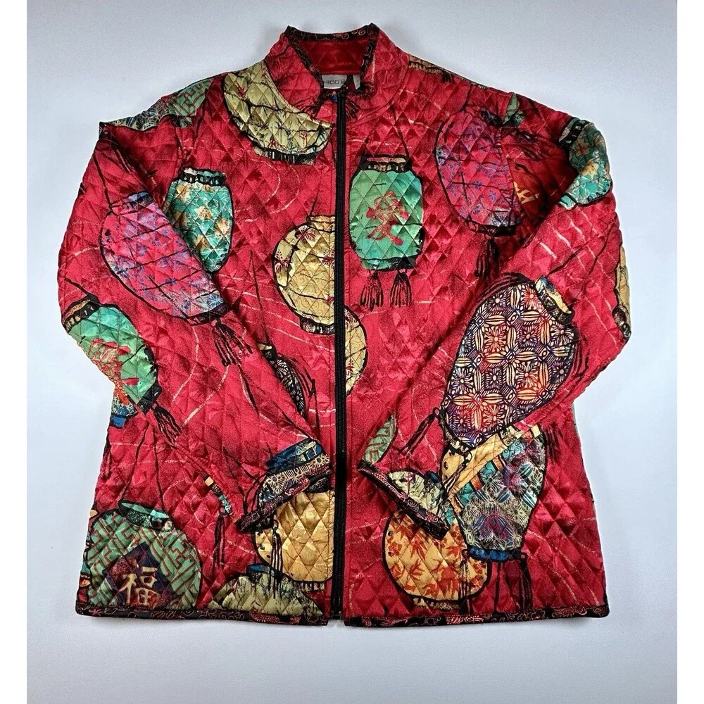 Chico's Silk Quilted Jacket Womens Sz 2 (L) Red Chinese Lantern Print Zip Front